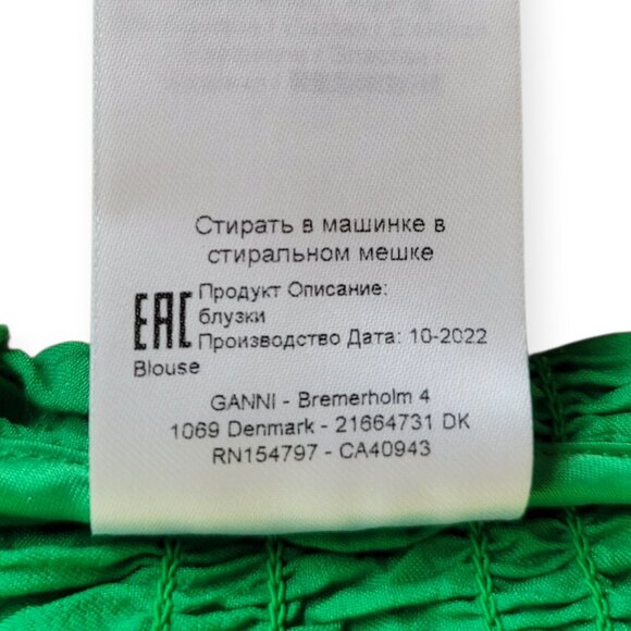 GANNI Green Smocked Cropped Top XS Square Neck Short Sleeve Sustainable Fabric - Picture 12 of 16